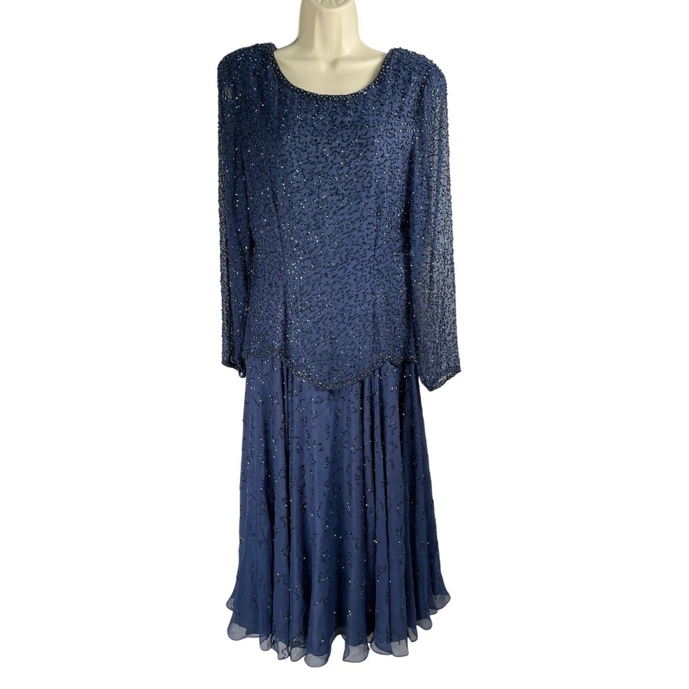 Vintage Peak Evenings Dress Womens‎ 8 Navy Hand Beaded Long Sheer Sleeves Maxi
